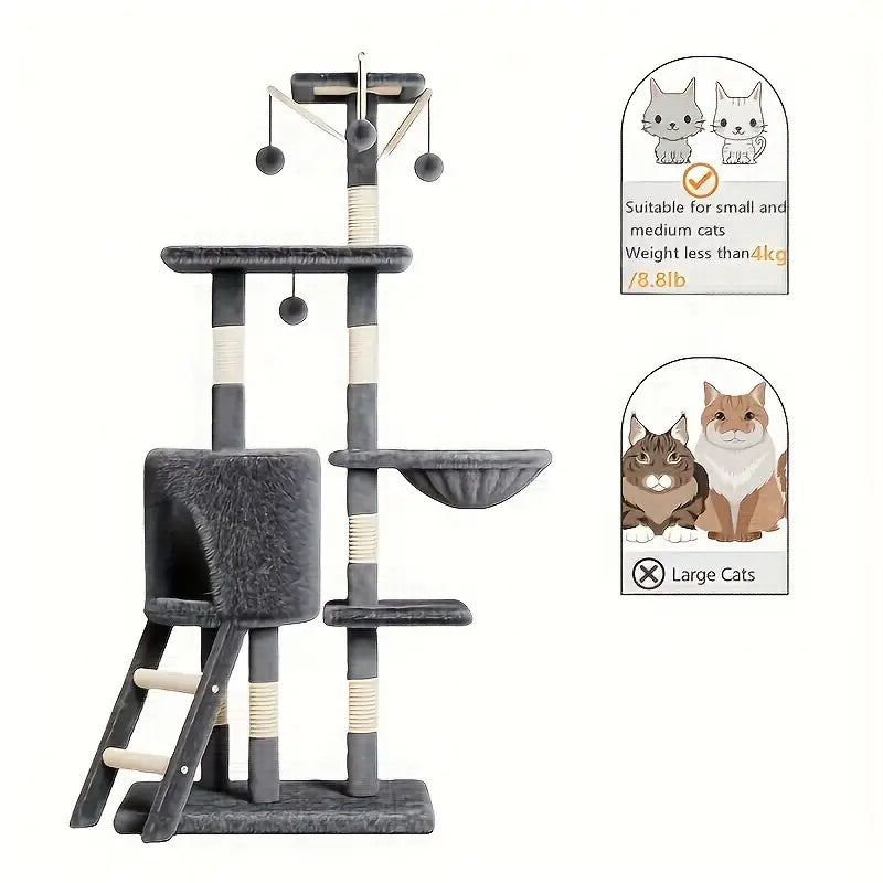 Cat climbing tower with scratching post and play ball