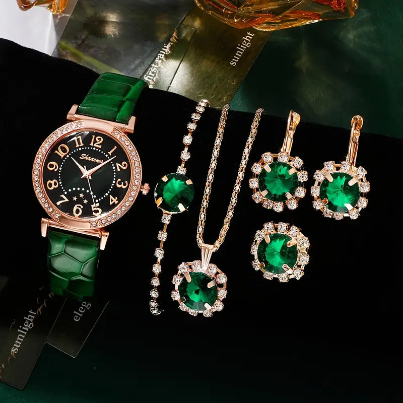 Luxury Rhinestone Accented Vintage Star Quartz Watch & Jewelry Set