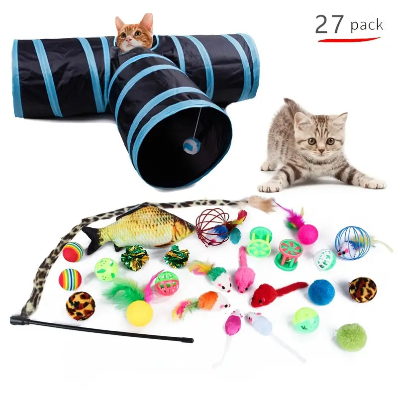 Interactive cat play set with foldable tunnel and feather teaser