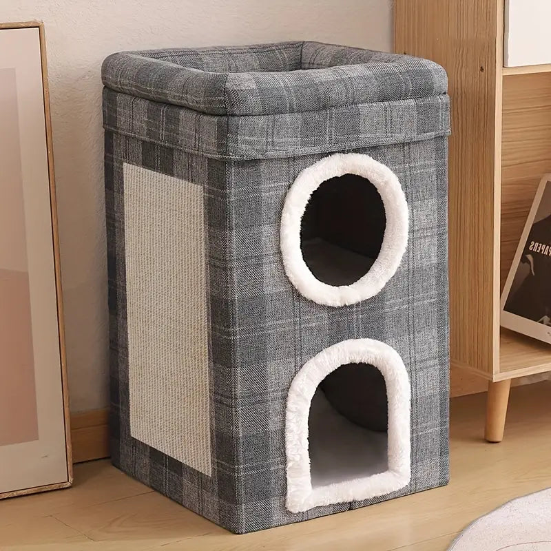 Washable and portable cat bed with scratching pad