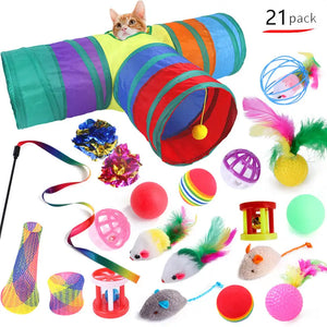 Interactive cat play set with foldable tunnel and feather teaser