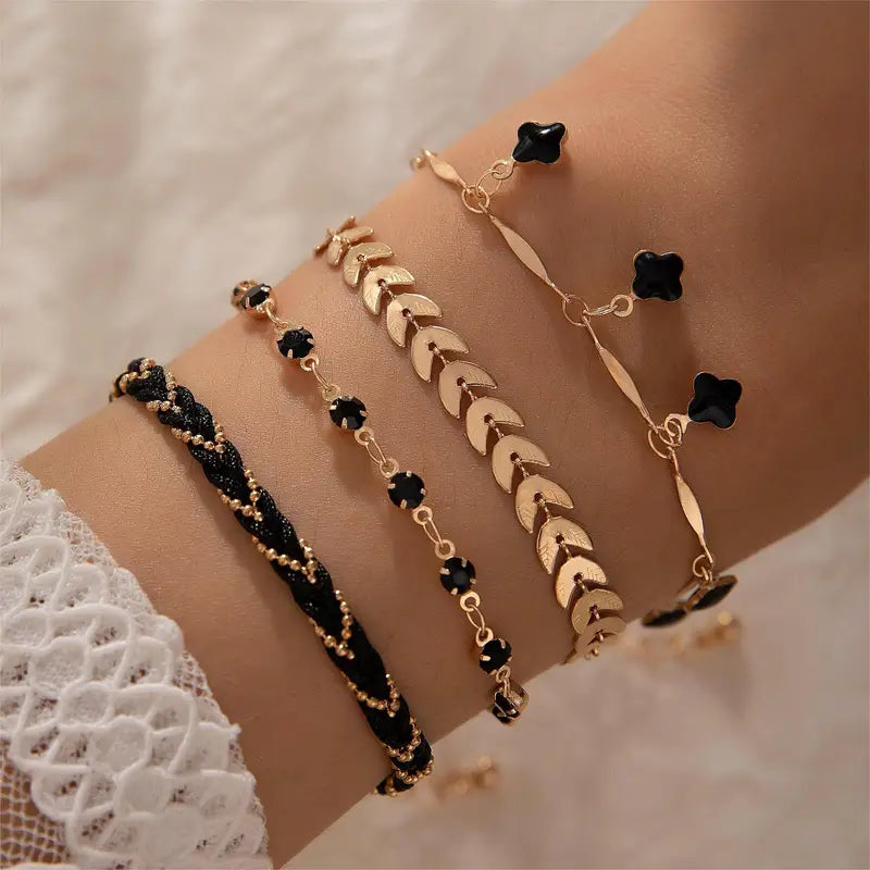 4PCS Black Thin Chain Bracelet Set