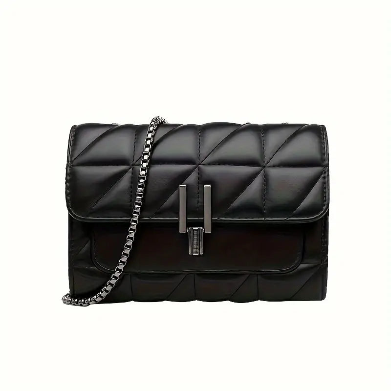 Quilted PU leather shoulder bag with chain strap and turn-lock closure